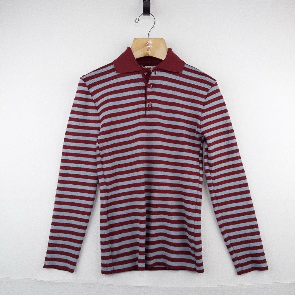 60's Vtg Mac Taggart 3 Button Polo Shirt  Gray Red Stripes Long Sleeve Men's M